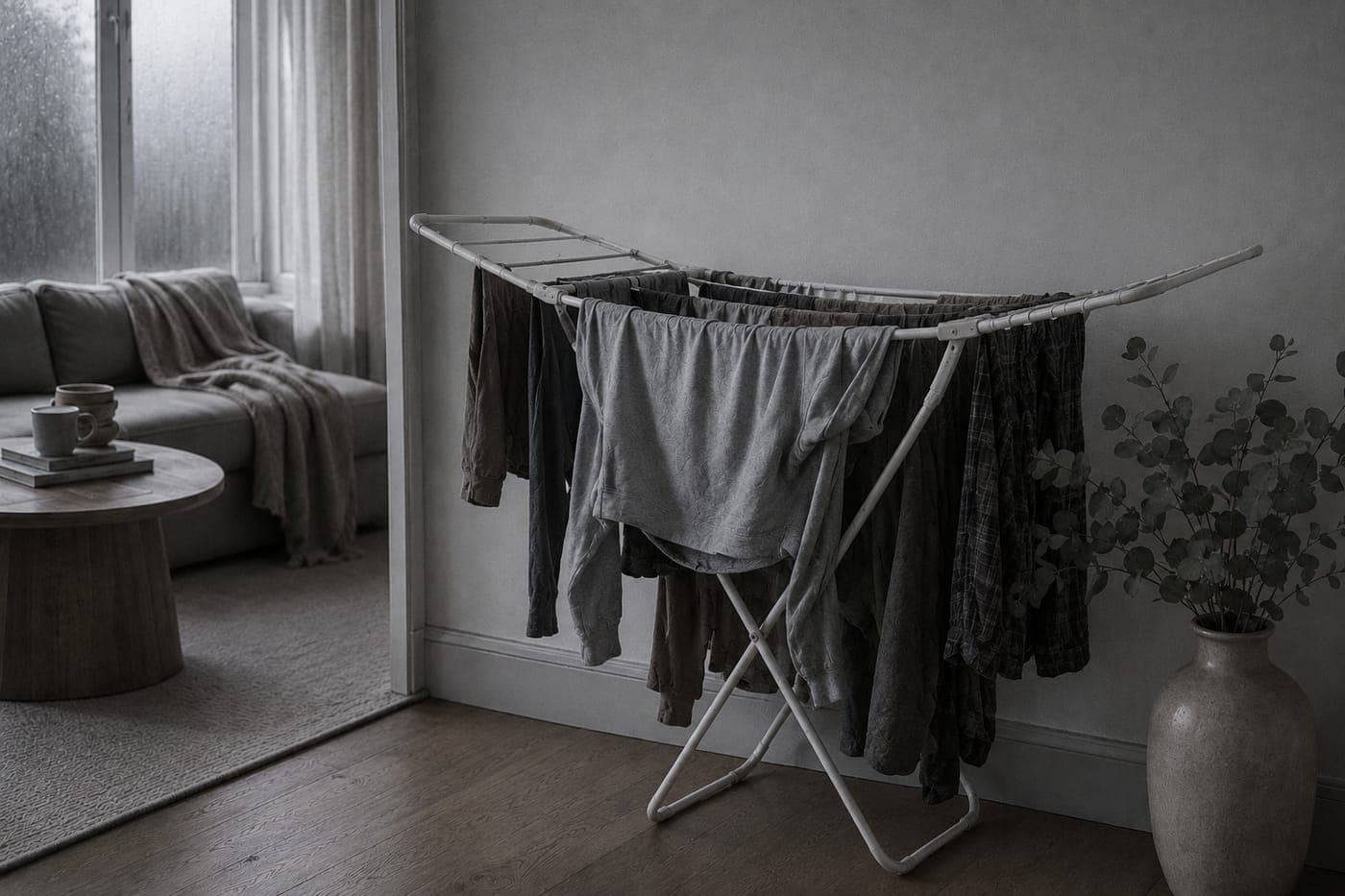Washing hanging limp on an ordinary rack in cold grey light